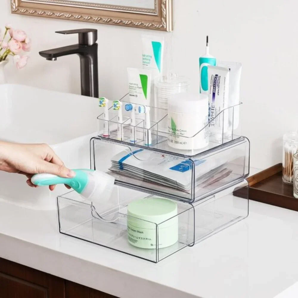 3-Tier Clear Makeup Organizer with Drawer, Cosmetic Storage for Vanity & Bath